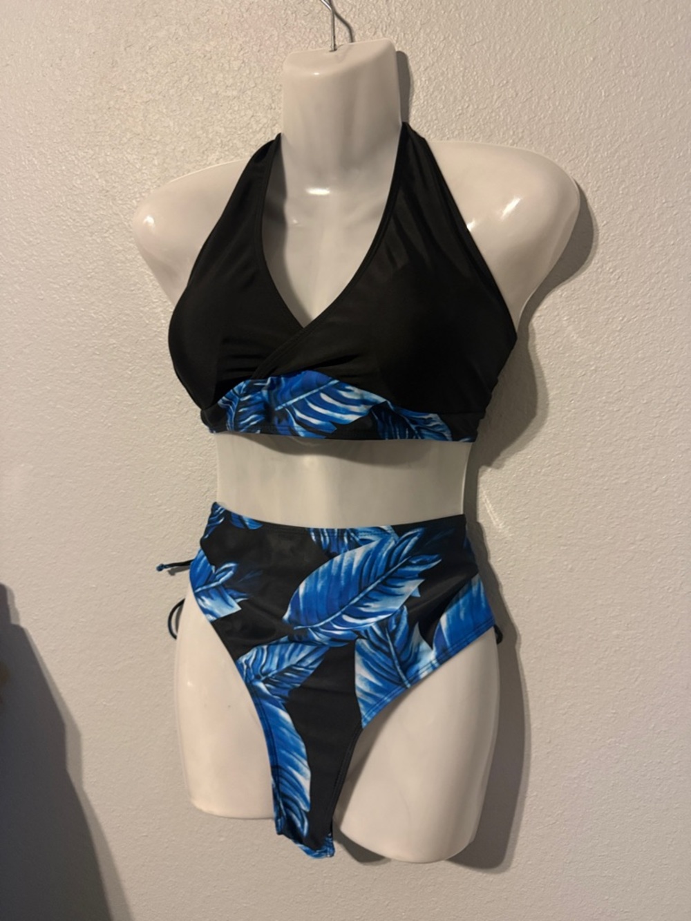 Black Halter Bikini with Blue Tropical Leaf Print